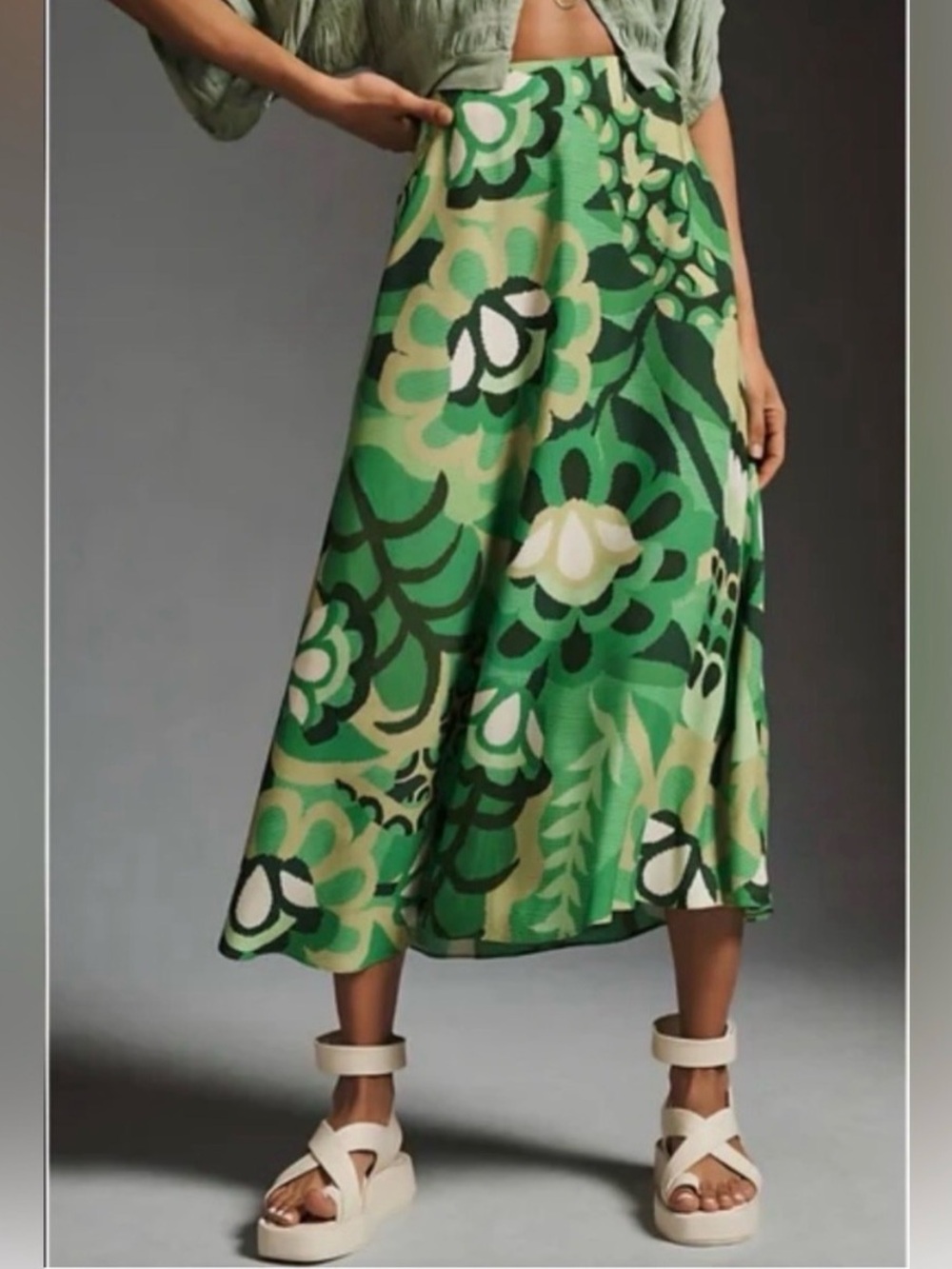 Farm Rio Green Floral A-Line Midi Skirt